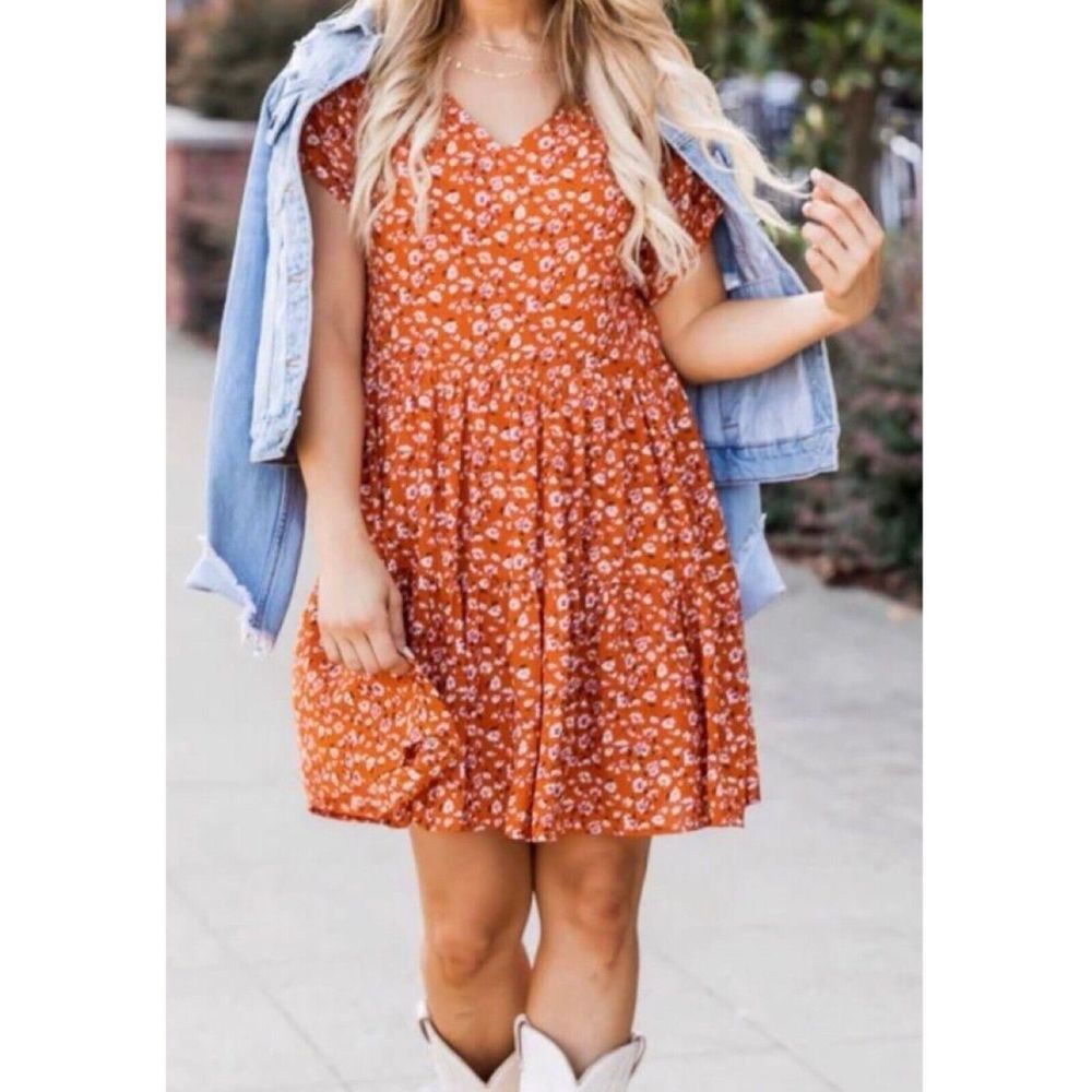 Pink Lily Women Orange Floral Tiered Mini Dress Small Short Sleeve Boho Babydoll